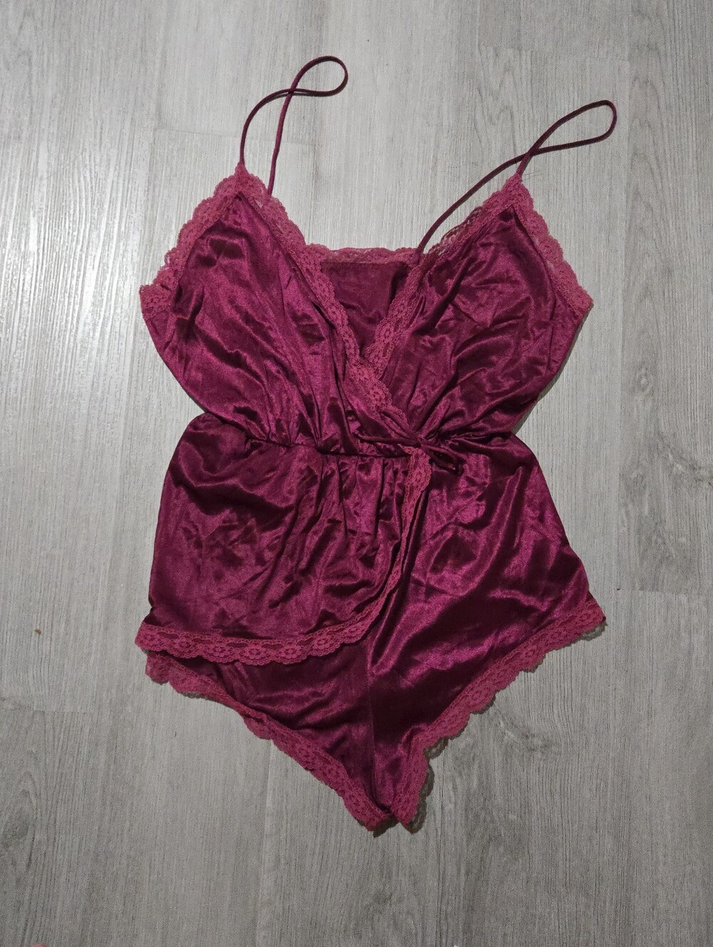 Vintage 70s 80s? Flair Maroon Lace Nylon Romper, SIZE L